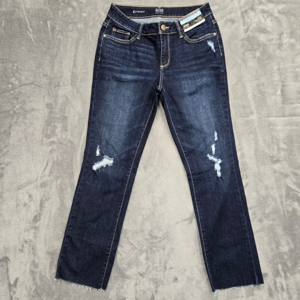 a.n.a Womens Size 4 28W Mid Rise Ankle Straight Jeans Dark Wash Distressed NEW